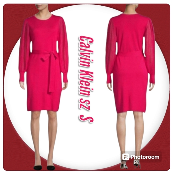 CALVIN KLEIN Red Belted long  Puff-Sleeve Knit Cocktail Sweater Dress - Picture 1 of 14